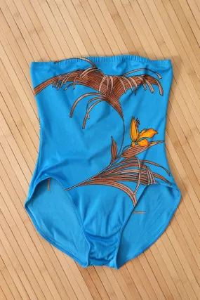 1970s Bright Blue Botanical One Piece XS/S