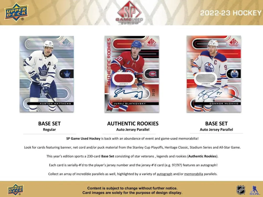 2022/23 Upper Deck SP Game Used Hockey Hobby Box 6 Cards per Box