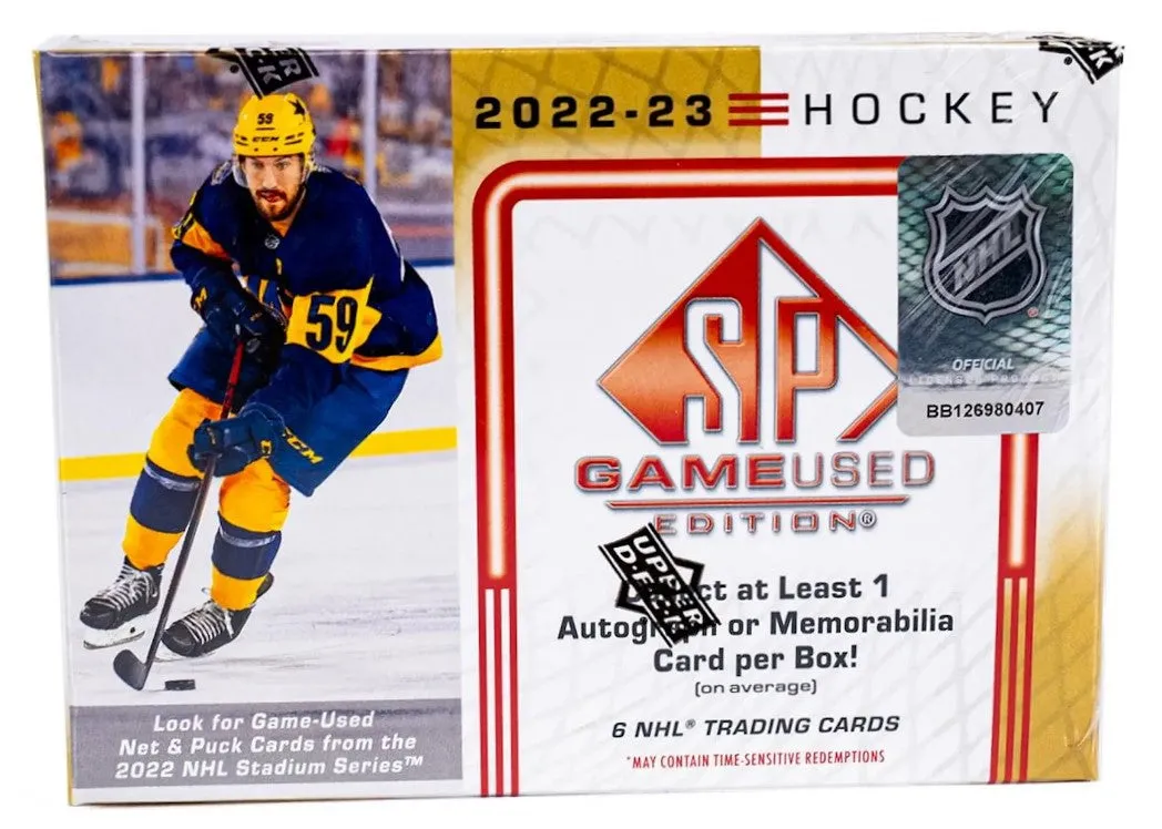 2022/23 Upper Deck SP Game Used Hockey Hobby Box 6 Cards per Box