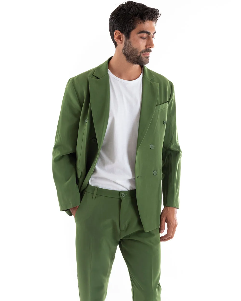 Abito Uomo Doppiopetto Vestito Viscosa Completo Giacca Pantaloni Verde Elegante Cerimonia GIOSAL-OU2166A