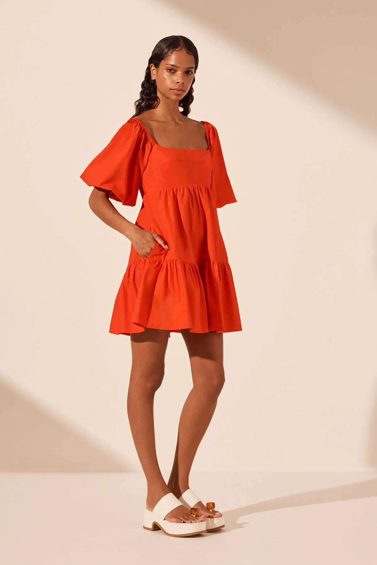 AMADA SQUARE NECK TIERED MINI DRESS - HIBISCUS