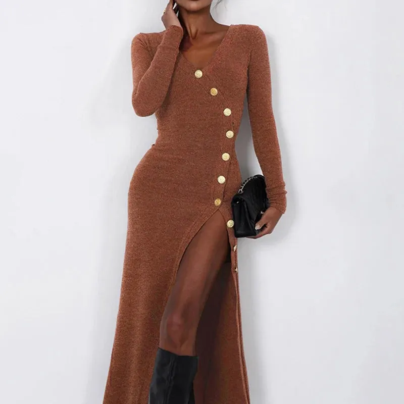 Asymmetrical Brown Knitted Autumn Dress Sexy Split Buttons Slim Casual Elegant Long Dress Ladies Clubwear Basic 2024