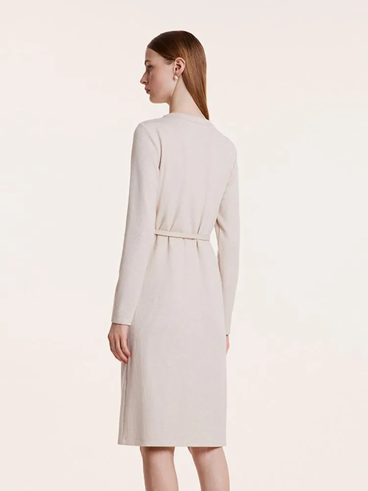 Beige Knitted Gathered Waist Dress