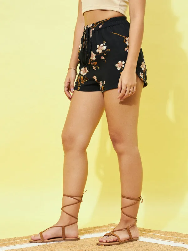 Berrylush Women Black & Yellow Floral Printed High-Rise Elastic Waist Tie-Up Slip-On Mini Summer Shorts