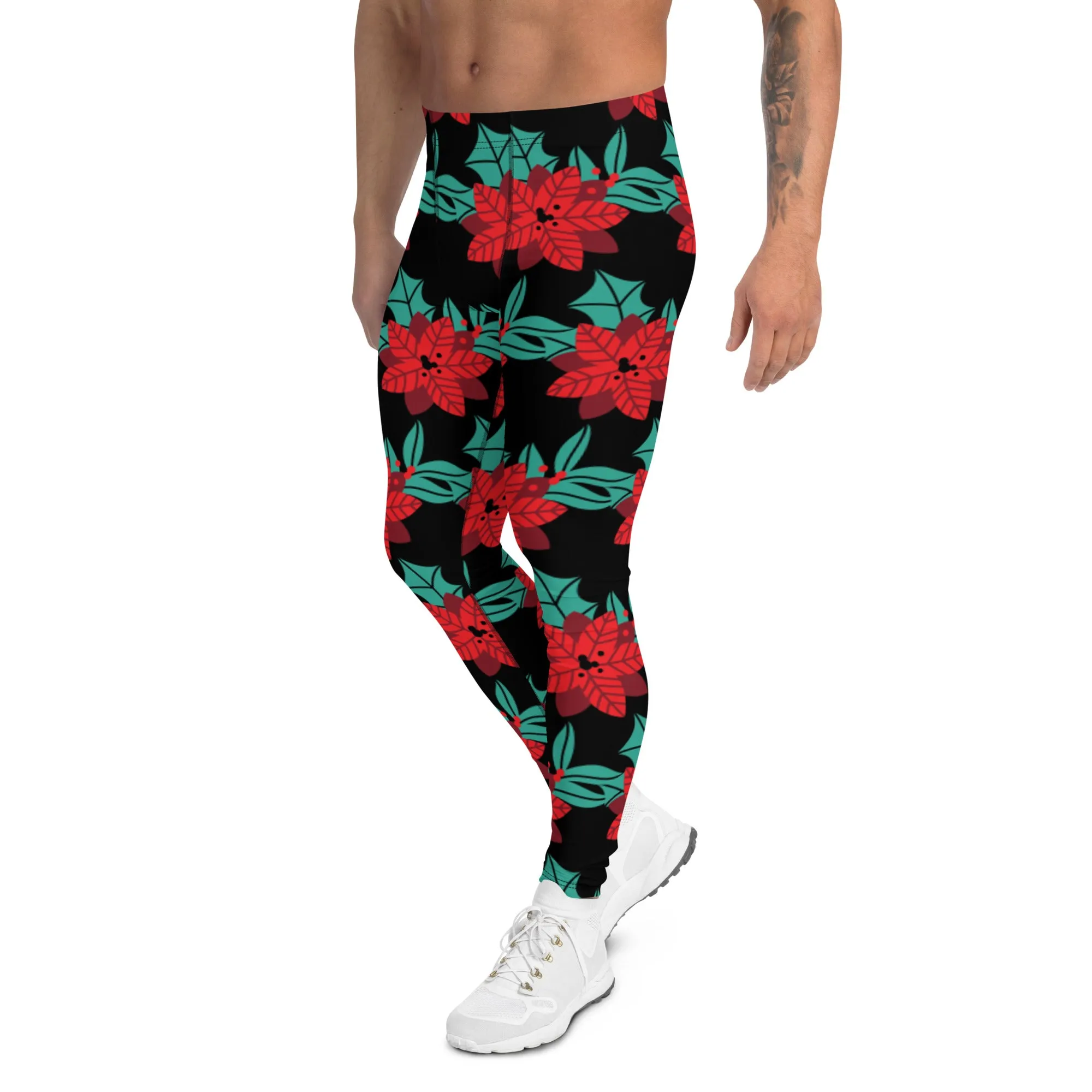 Black Christmas Floral Men's Leggings, Black & Red Xmas Flower Designer Men's Leggings-Made in USA/MX/EU