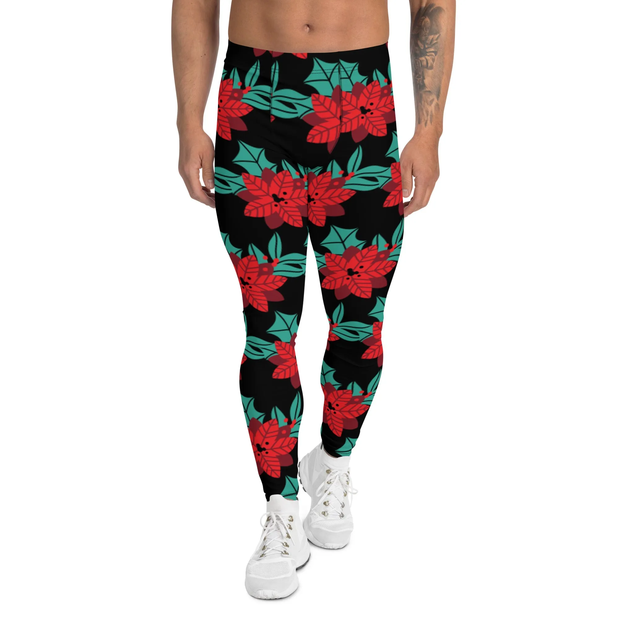 Black Christmas Floral Men's Leggings, Black & Red Xmas Flower Designer Men's Leggings-Made in USA/MX/EU