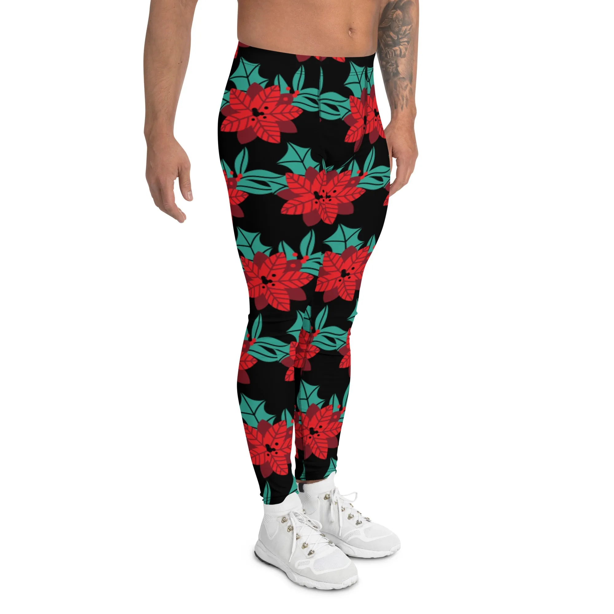 Black Christmas Floral Men's Leggings, Black & Red Xmas Flower Designer Men's Leggings-Made in USA/MX/EU