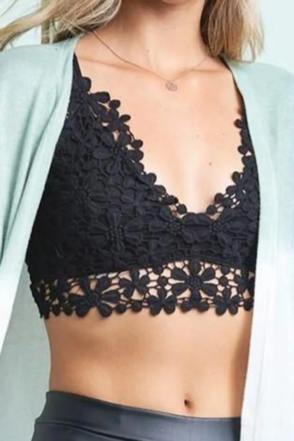 Black Floral Lace Spaghetti Strap Bralette Top