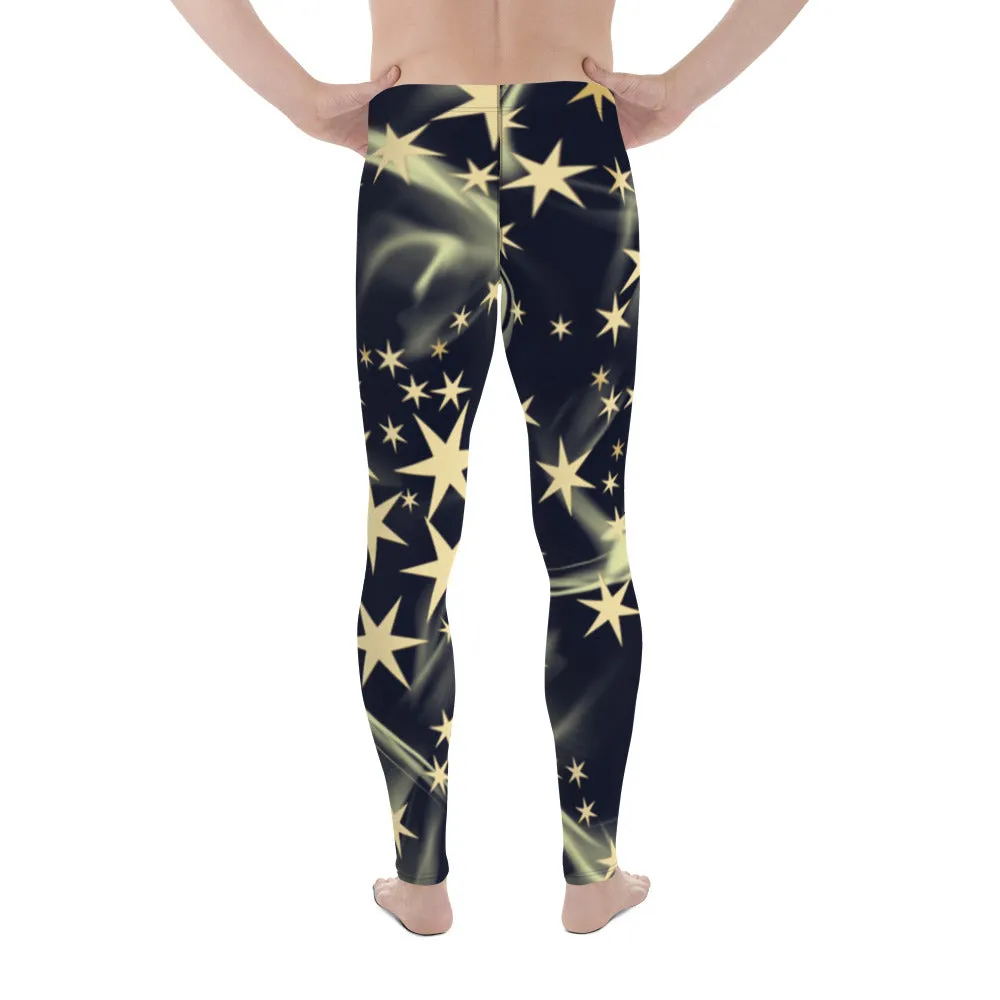 Black Starry Print Men's Leggings, Star Print Designer Meggings Compression Tights-Made in USA/EU/MX