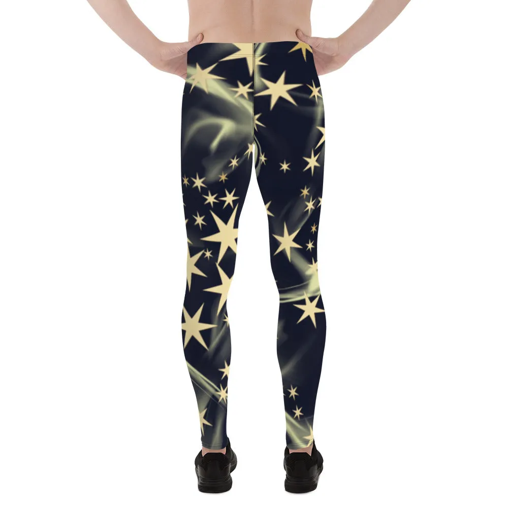 Black Starry Print Men's Leggings, Star Print Designer Meggings Compression Tights-Made in USA/EU/MX