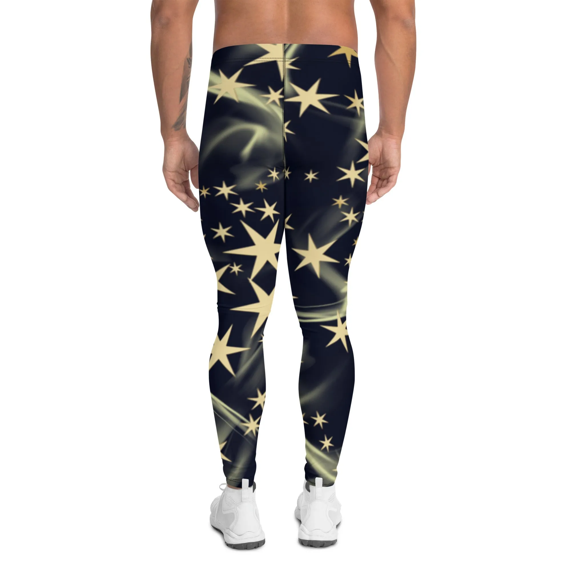 Black Starry Print Men's Leggings, Star Print Designer Meggings Compression Tights-Made in USA/EU/MX