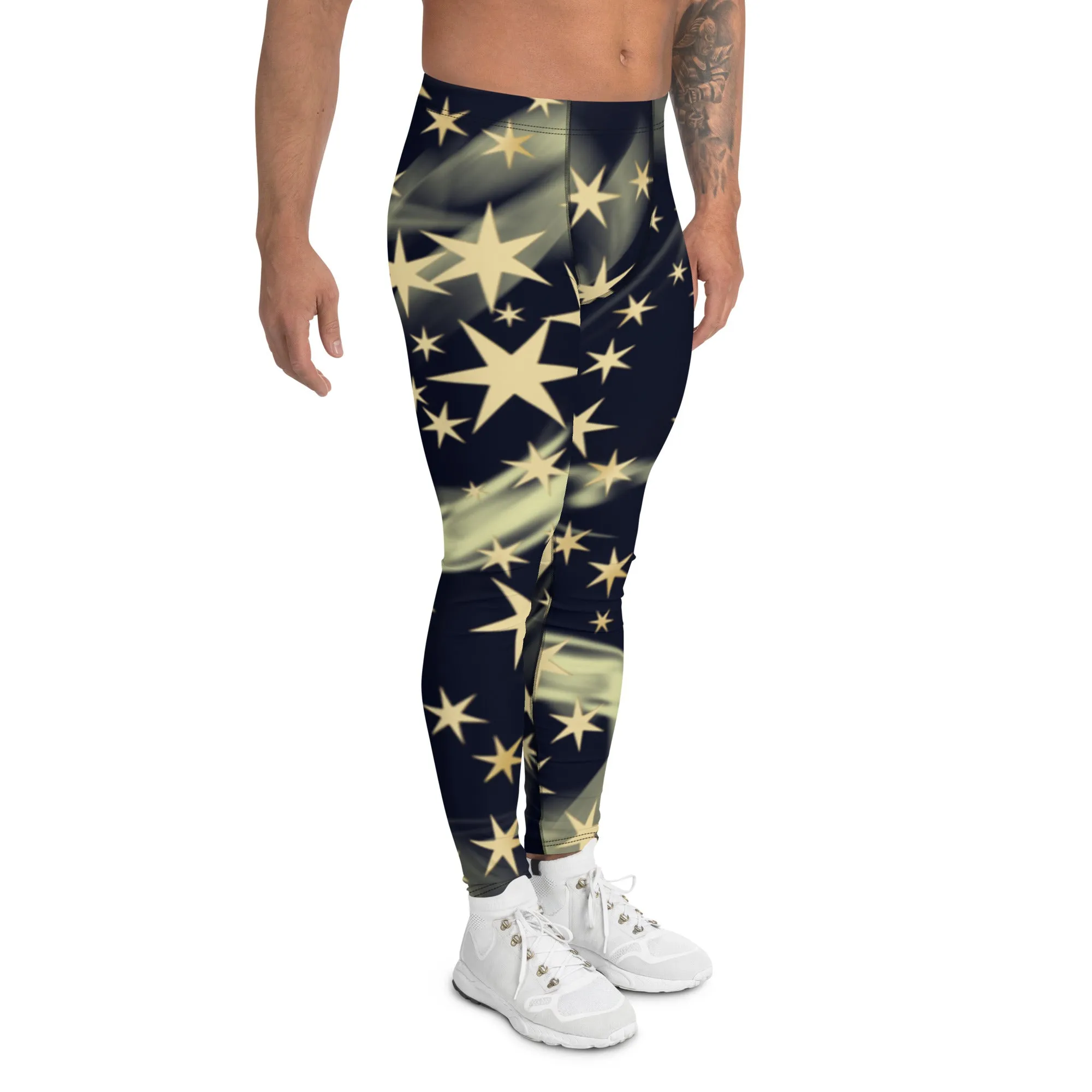 Black Starry Print Men's Leggings, Star Print Designer Meggings Compression Tights-Made in USA/EU/MX