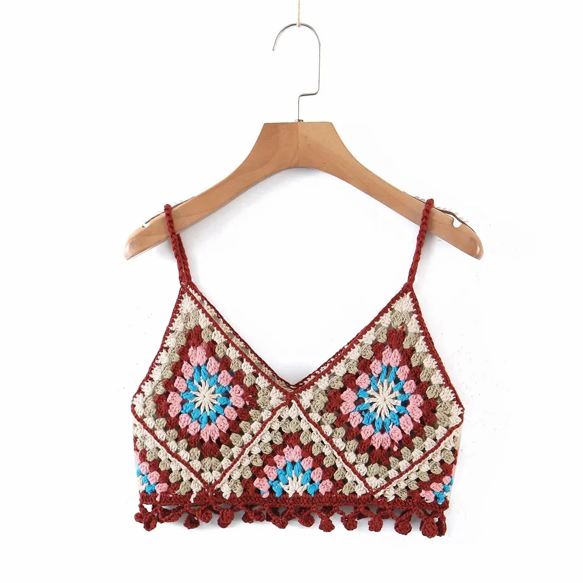 Bohemian Rainbow Crochet Flower Crop Top Rhombus Knitted Pattern Cami Tank