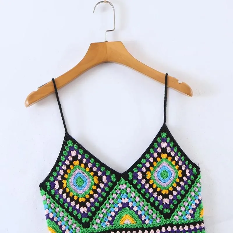 Bohemian Rainbow Crochet Flower Crop Top Rhombus Knitted Pattern Cami Tank