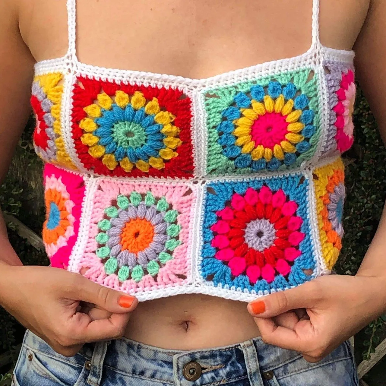 Bohemian Rainbow Crochet Flower Crop Top Rhombus Knitted Pattern Cami Tank