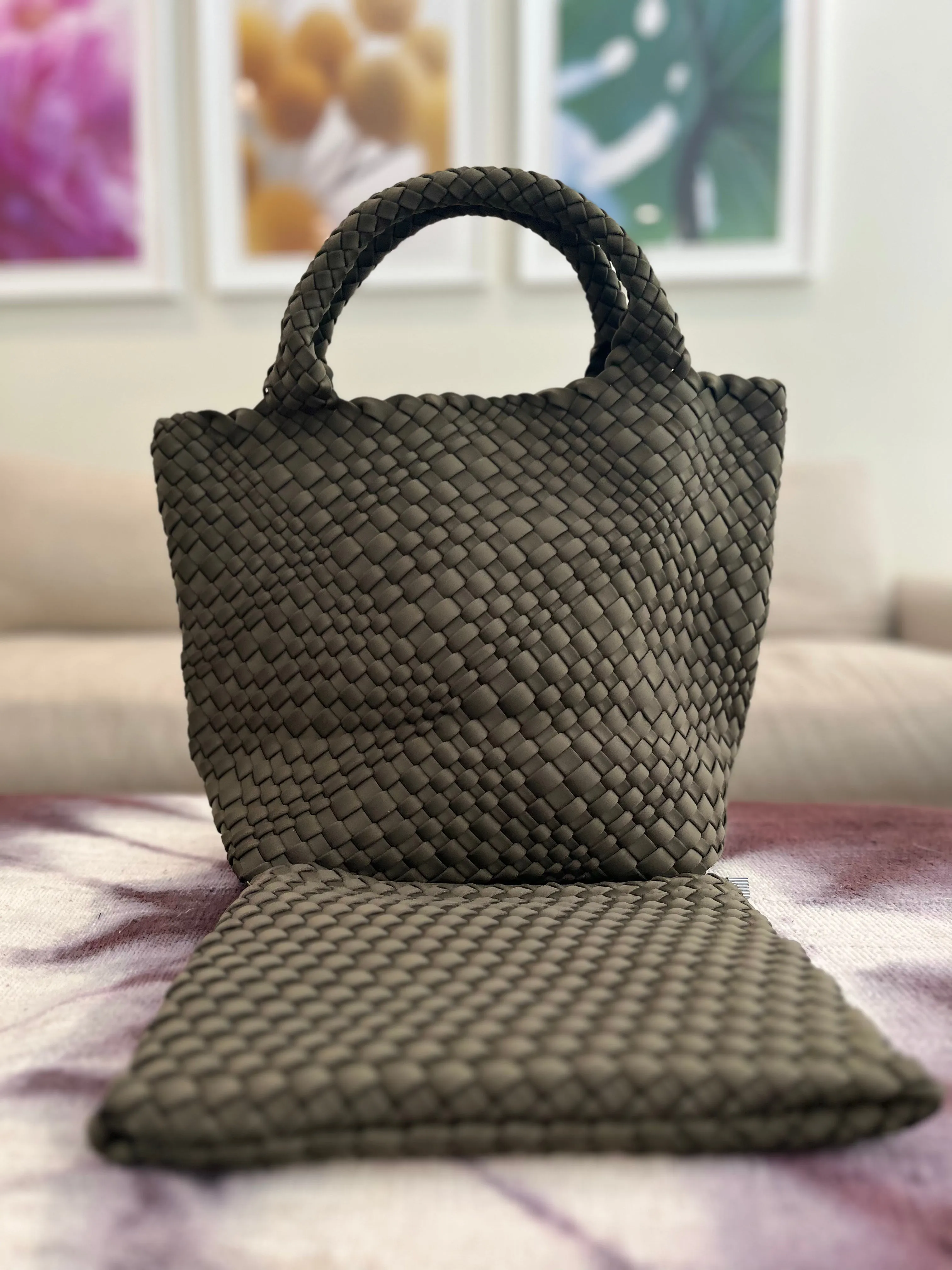 Braided neoprene tote with detachable mini bag inside