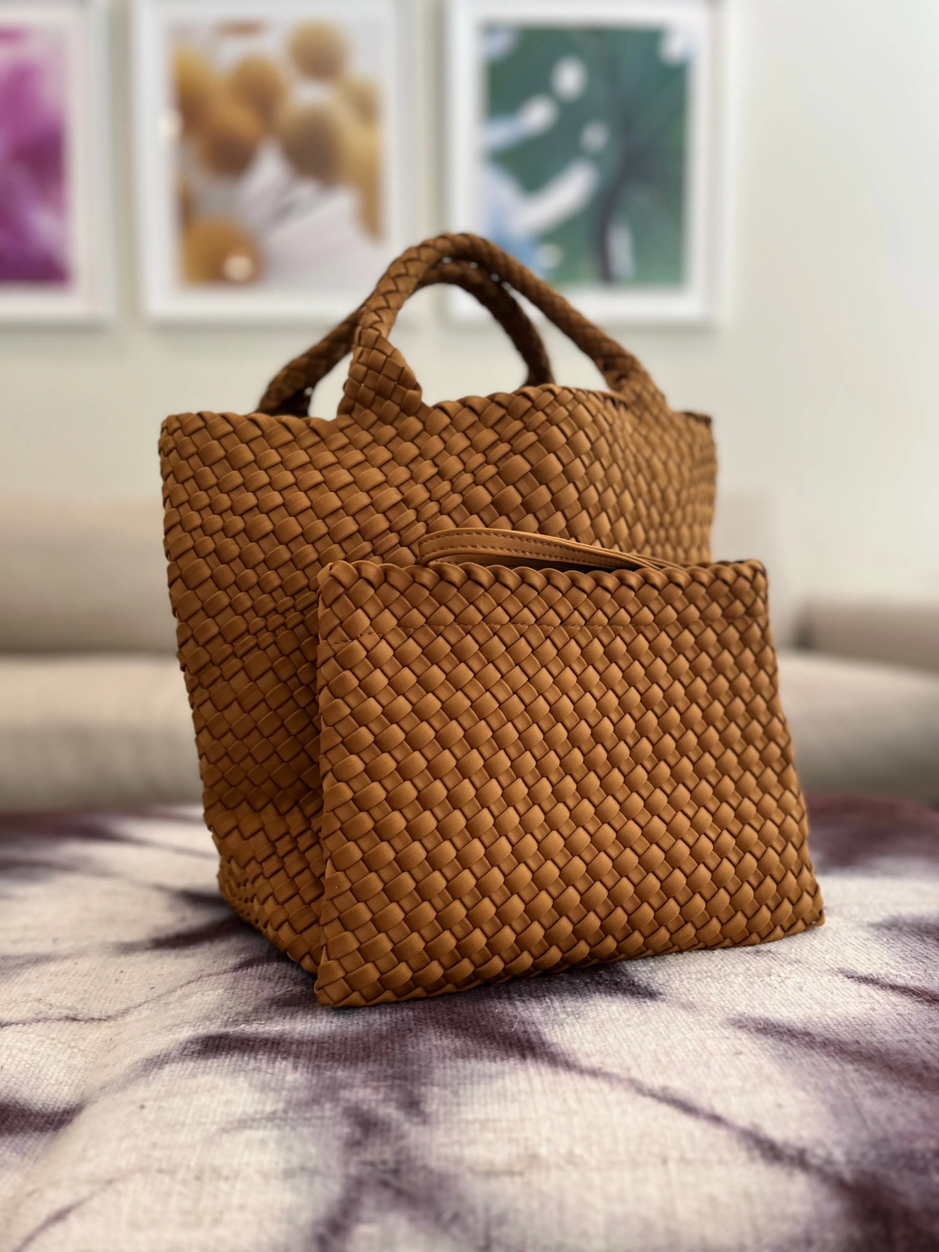 Braided neoprene tote with detachable mini bag inside