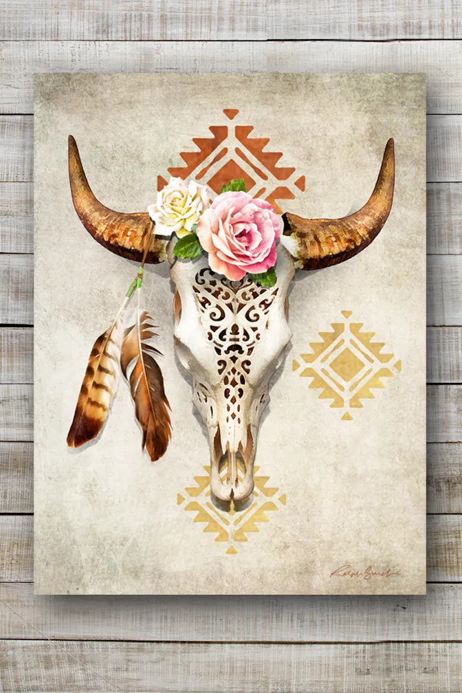 Bull Skull & Roses Gallery Wrapped Canvas Giclee