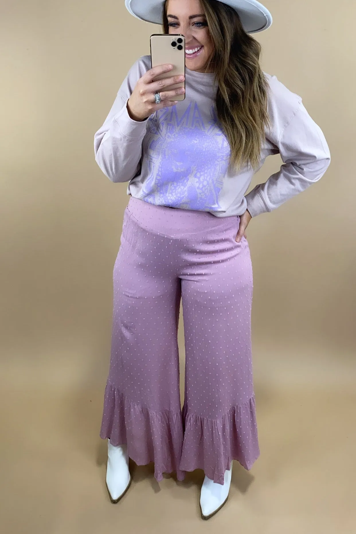 Causing Commotion- {Lilac & Teal} Swiss Dot Asymmetrical Ruffle Pants