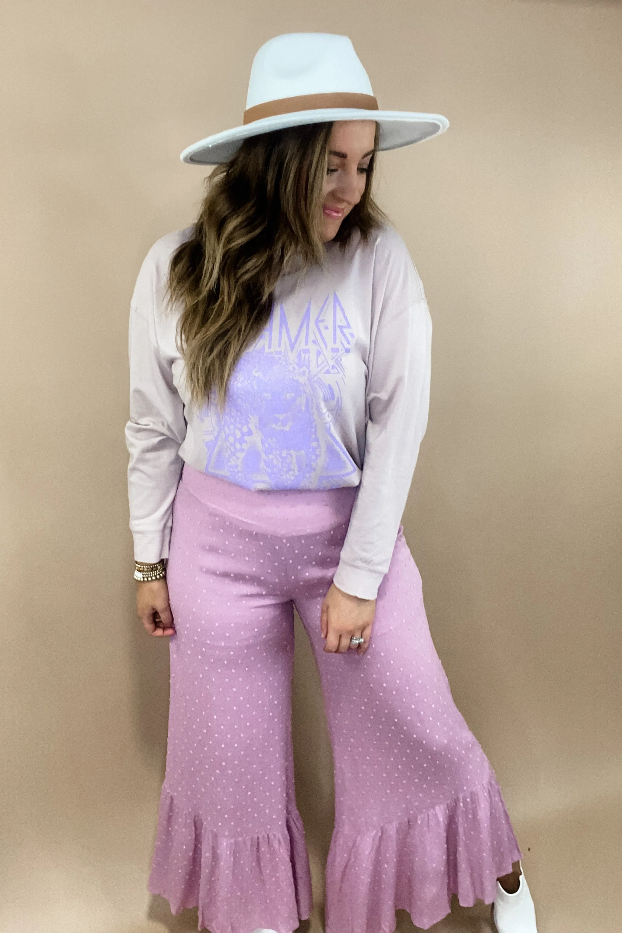 Causing Commotion- {Lilac & Teal} Swiss Dot Asymmetrical Ruffle Pants