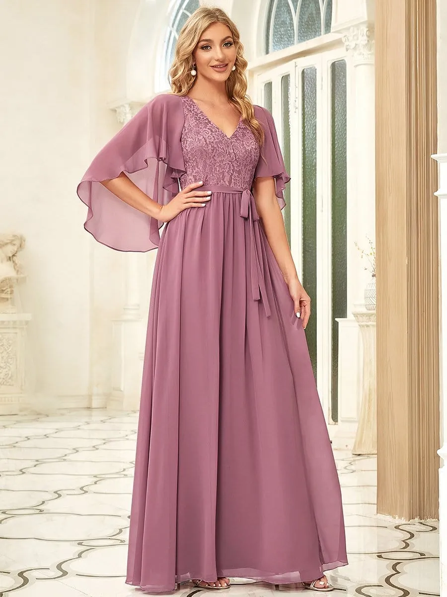 Deep V Neck Lace Bodice Long Flowy Evening Dress