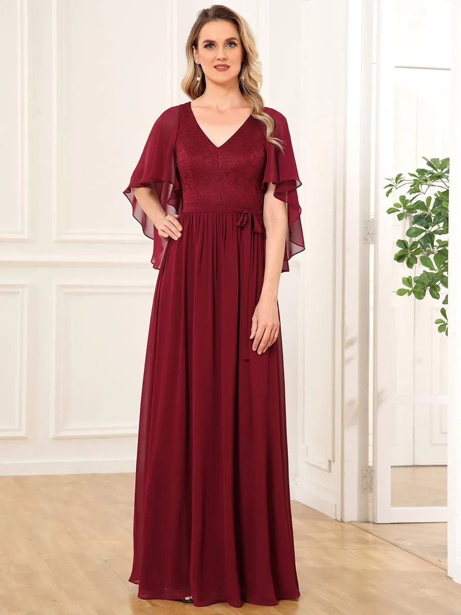 Deep V Neck Lace Bodice Long Flowy Evening Dress