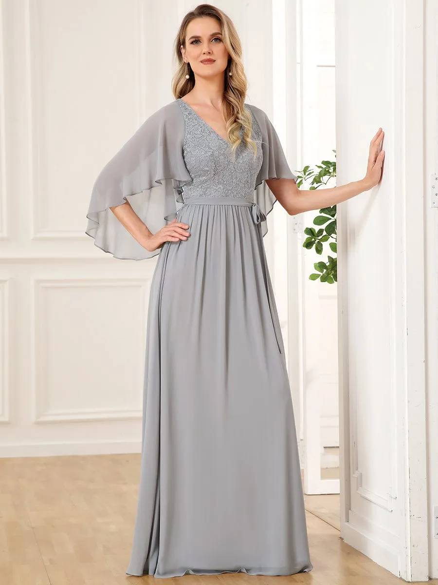 Deep V Neck Lace Bodice Long Flowy Evening Dress