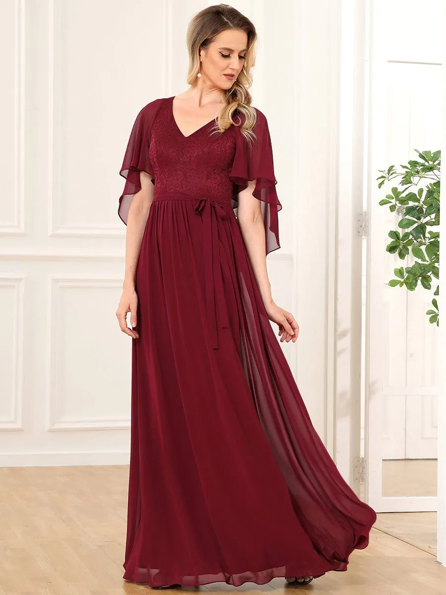 Deep V Neck Lace Bodice Long Flowy Evening Dress