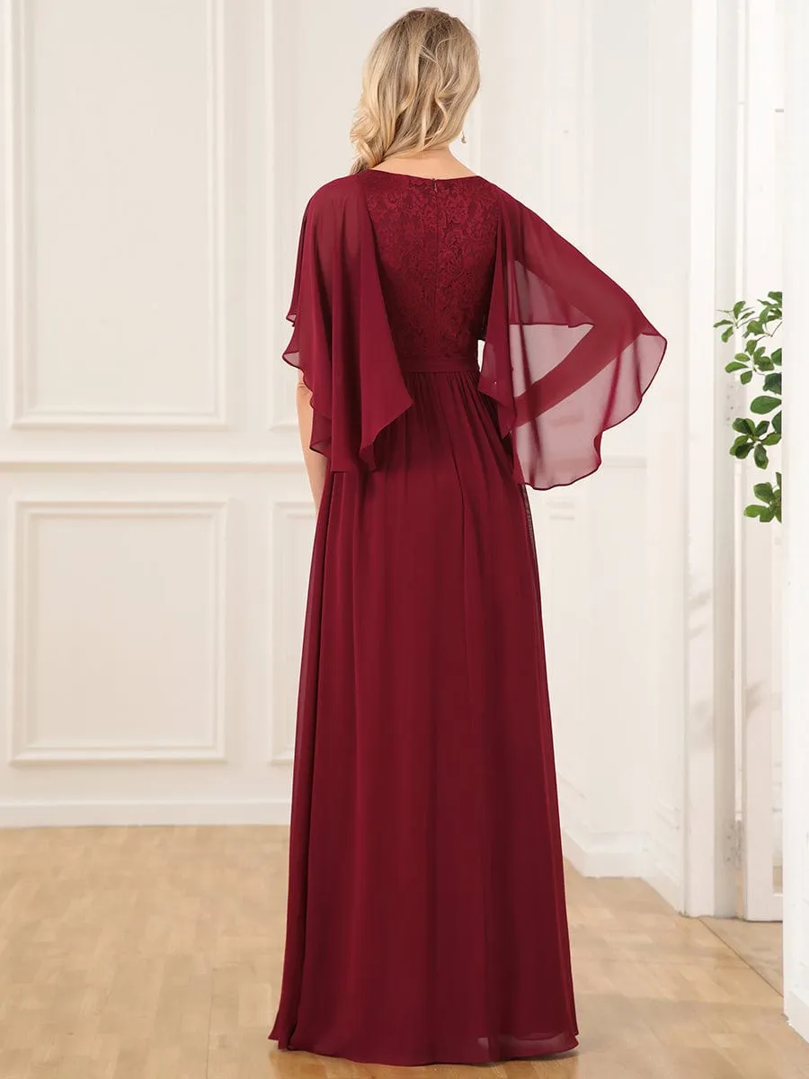 Deep V Neck Lace Bodice Long Flowy Evening Dress