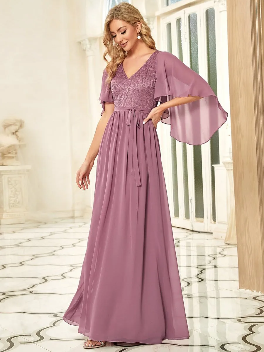 Deep V Neck Lace Bodice Long Flowy Evening Dress