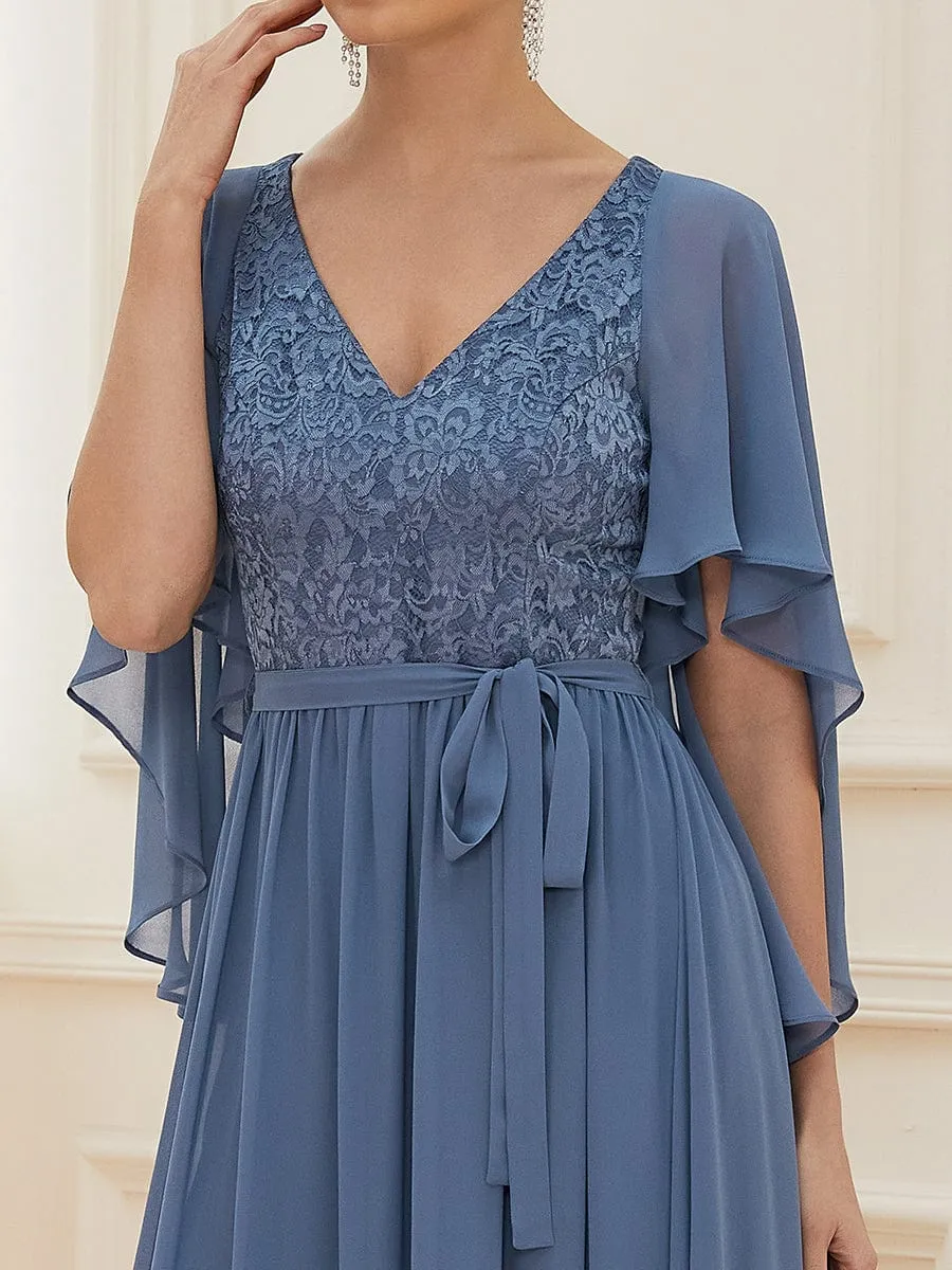 Deep V Neck Lace Bodice Long Flowy Evening Dress