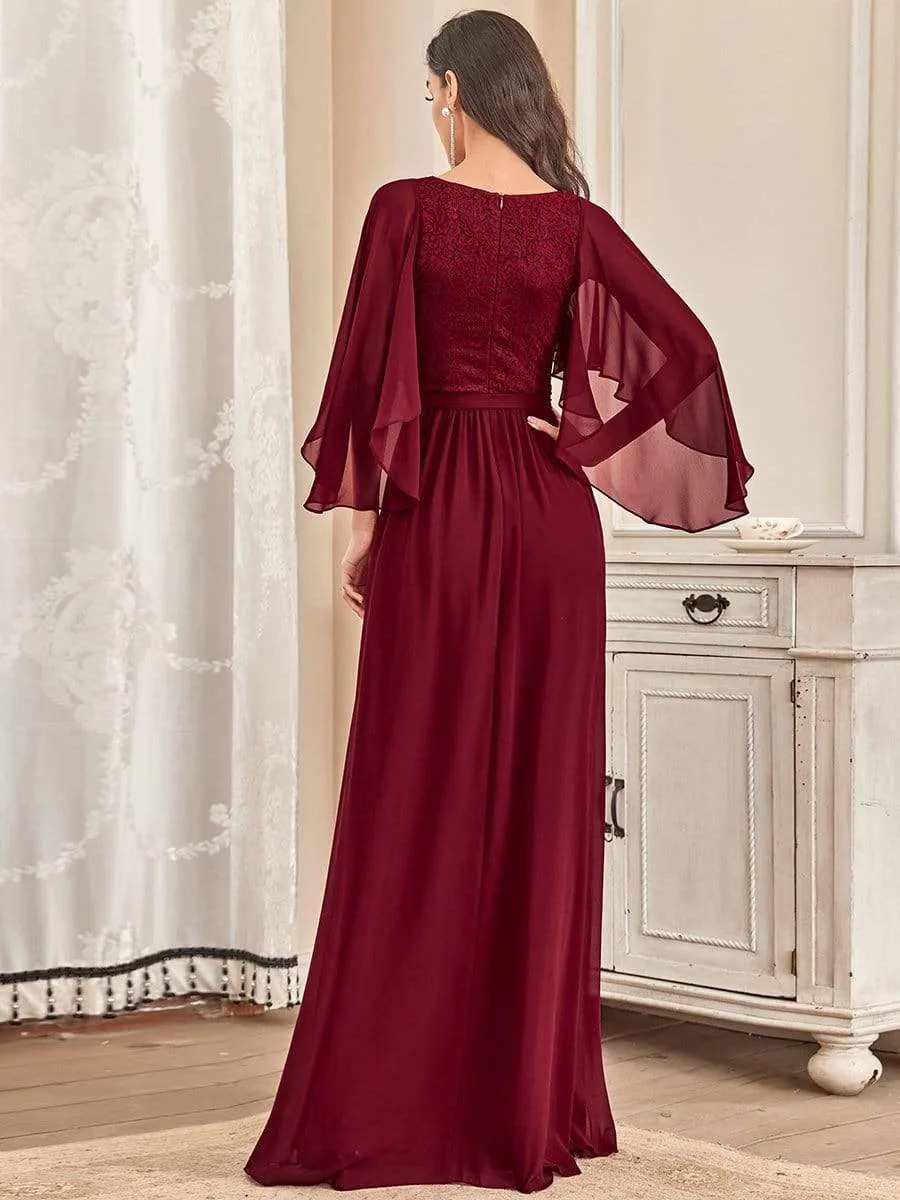 Deep V Neck Lace Bodice Long Flowy Evening Dress