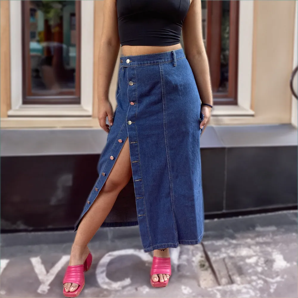 Denim Front Open Midi Skirt