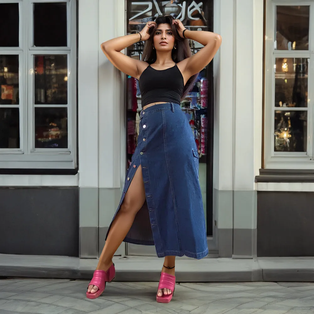 Denim Front Open Midi Skirt