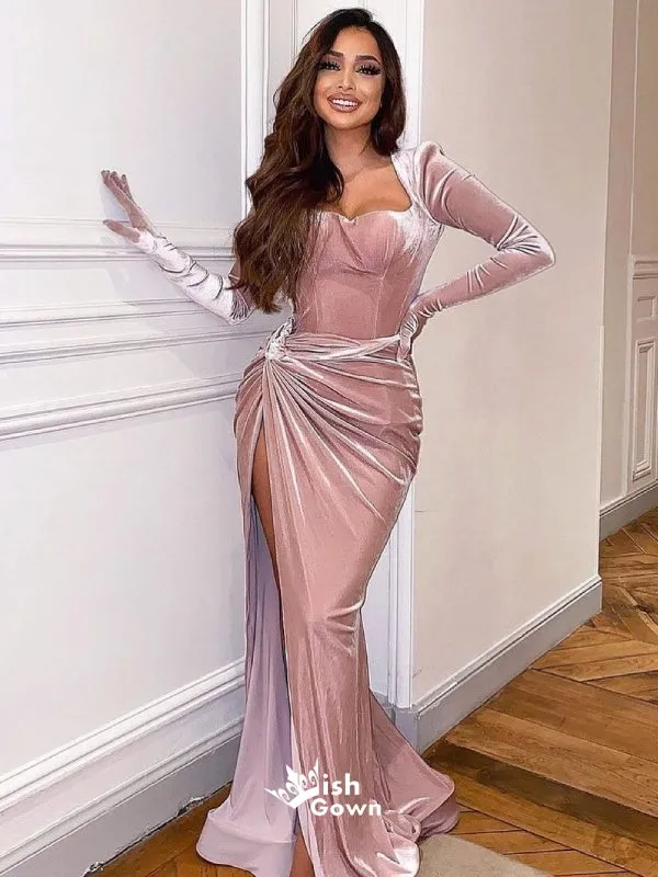 Dusty Pink Pleats Velvet Long Sleeves Mermaid Evening Gowns Prom Dresses , WGP135