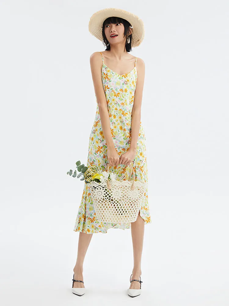 Floral Print Spaghetti Strap Asymmetric Midi Dress