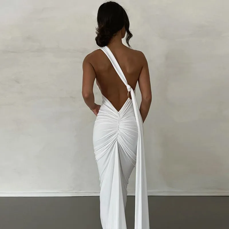 Formal One Shoulder Shirred Backless Maxi Dress Gown