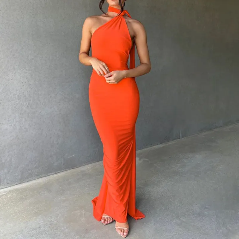 Formal One Shoulder Shirred Backless Maxi Dress Gown