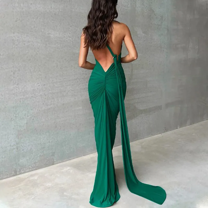 Formal One Shoulder Shirred Backless Maxi Dress Gown