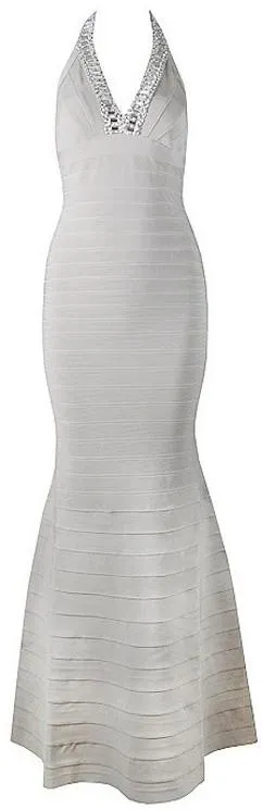 'Geena' Beaded V-Neck Halter Bandage Gown - Grey