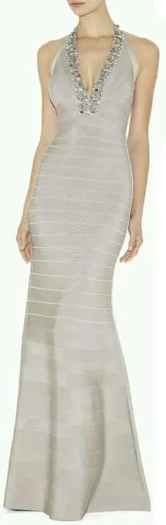 'Geena' Beaded V-Neck Halter Bandage Gown - Grey