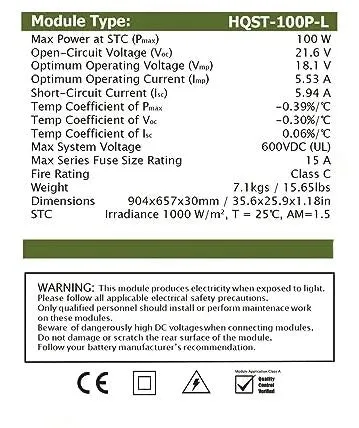 HQSolarX™ 100 Watt Solar Panel: Polycrystalline, 12V, Compact, High Efficiency Power