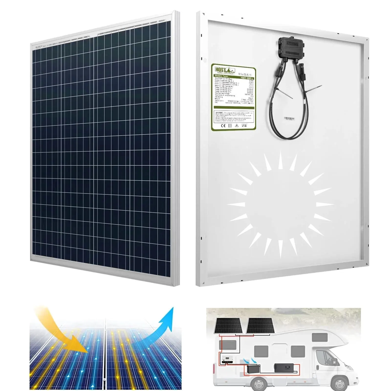 HQSolarX™ 100 Watt Solar Panel: Polycrystalline, 12V, Compact, High Efficiency Power