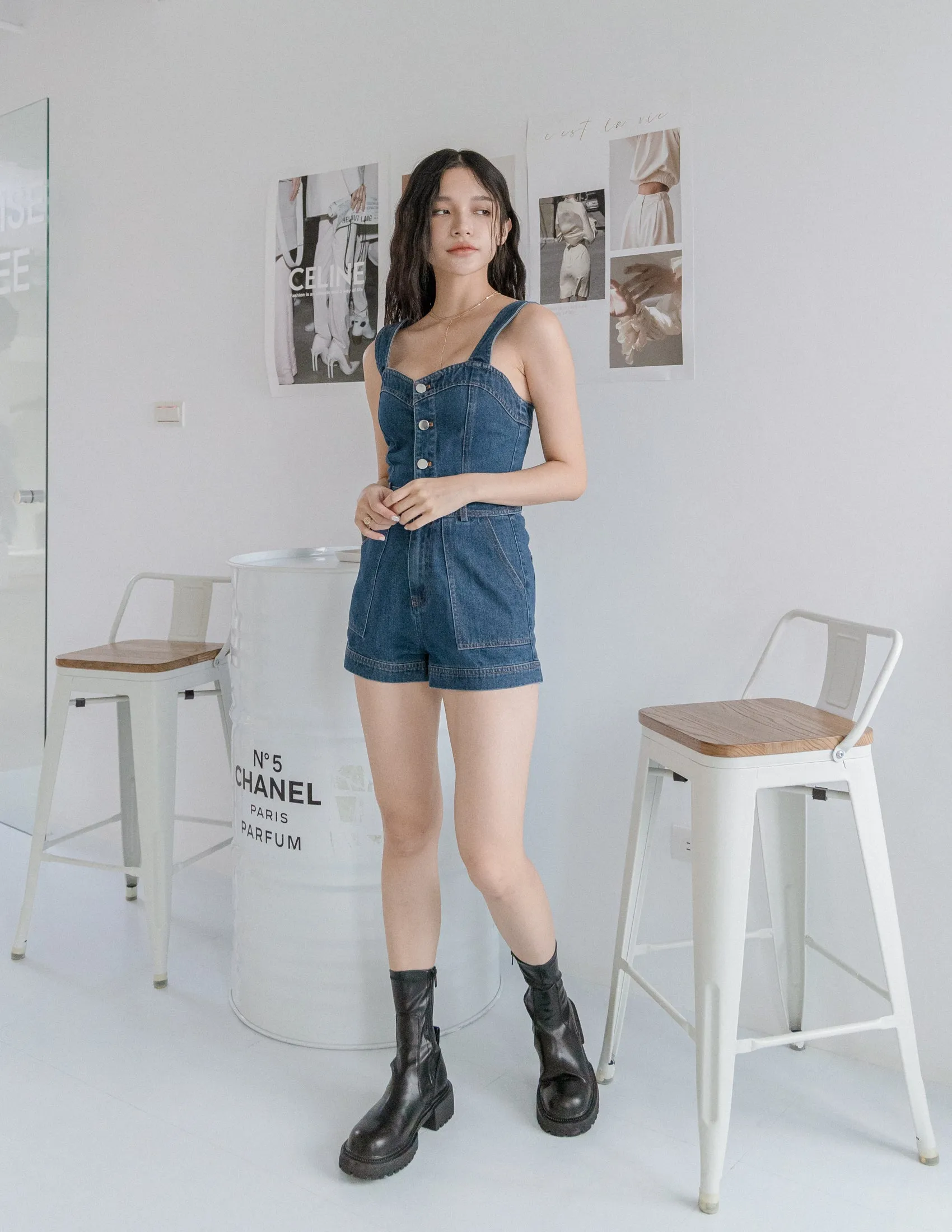 Lana Denim Romper in Dark Wash