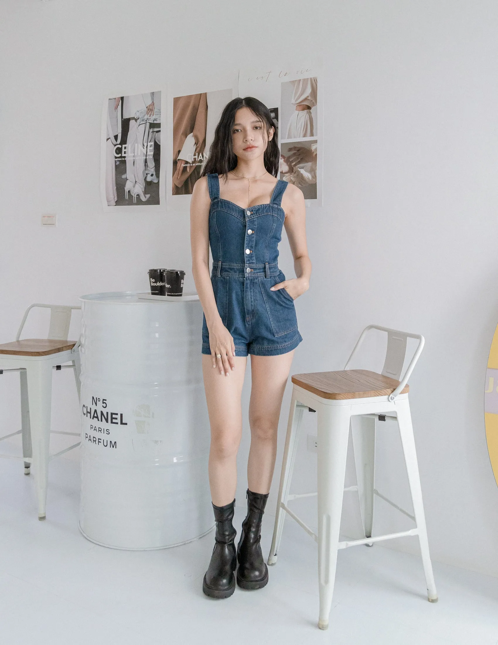 Lana Denim Romper in Dark Wash