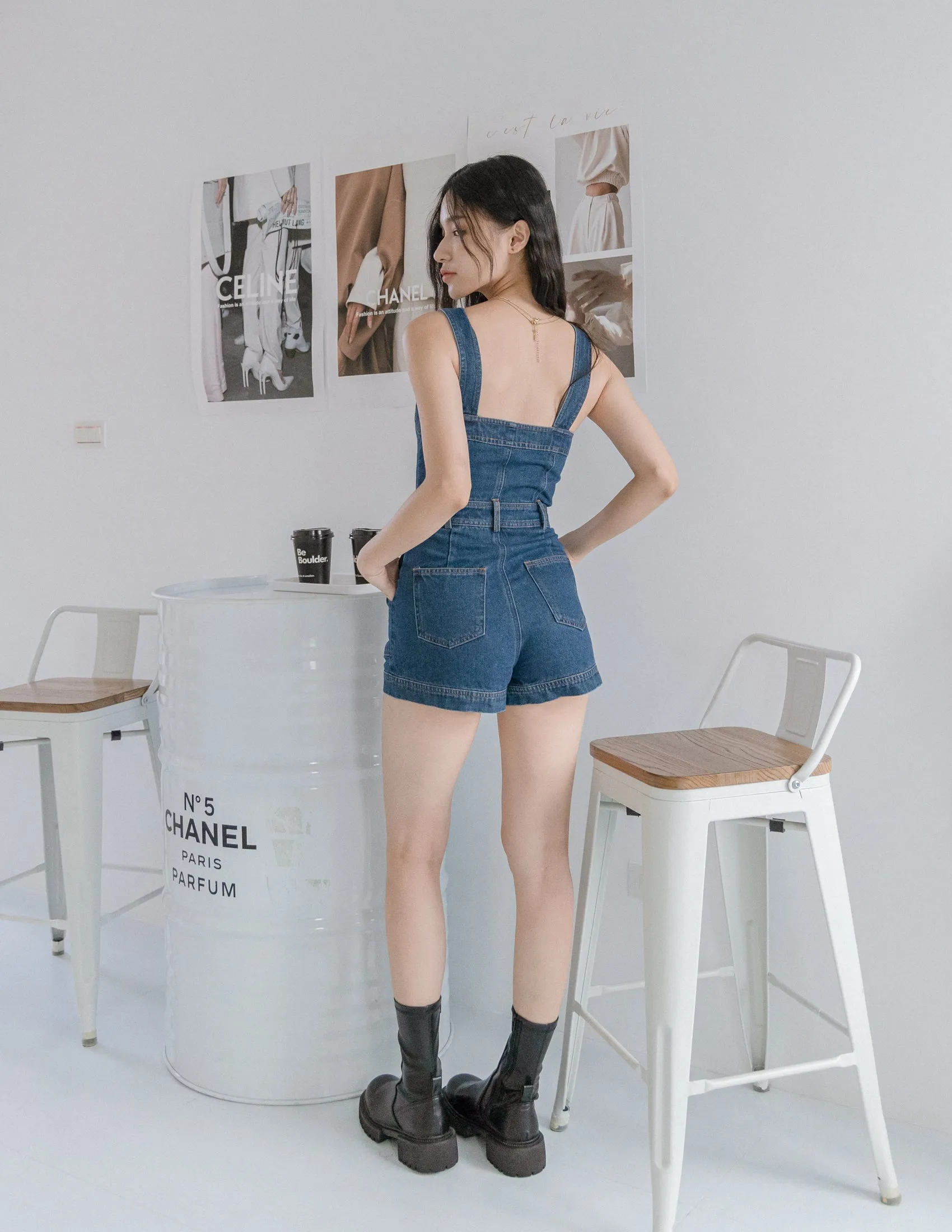 Lana Denim Romper in Dark Wash