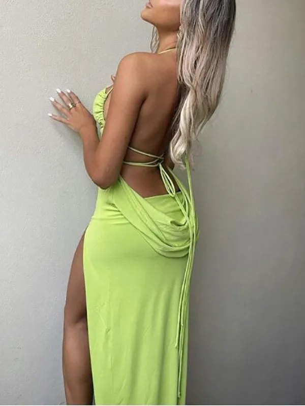 Momnfancy Mint Green Cross Back Side Slit Spaghetti Strap Backless Bodycon Wedding Guest Pregnancy Maternity Maxi Dress