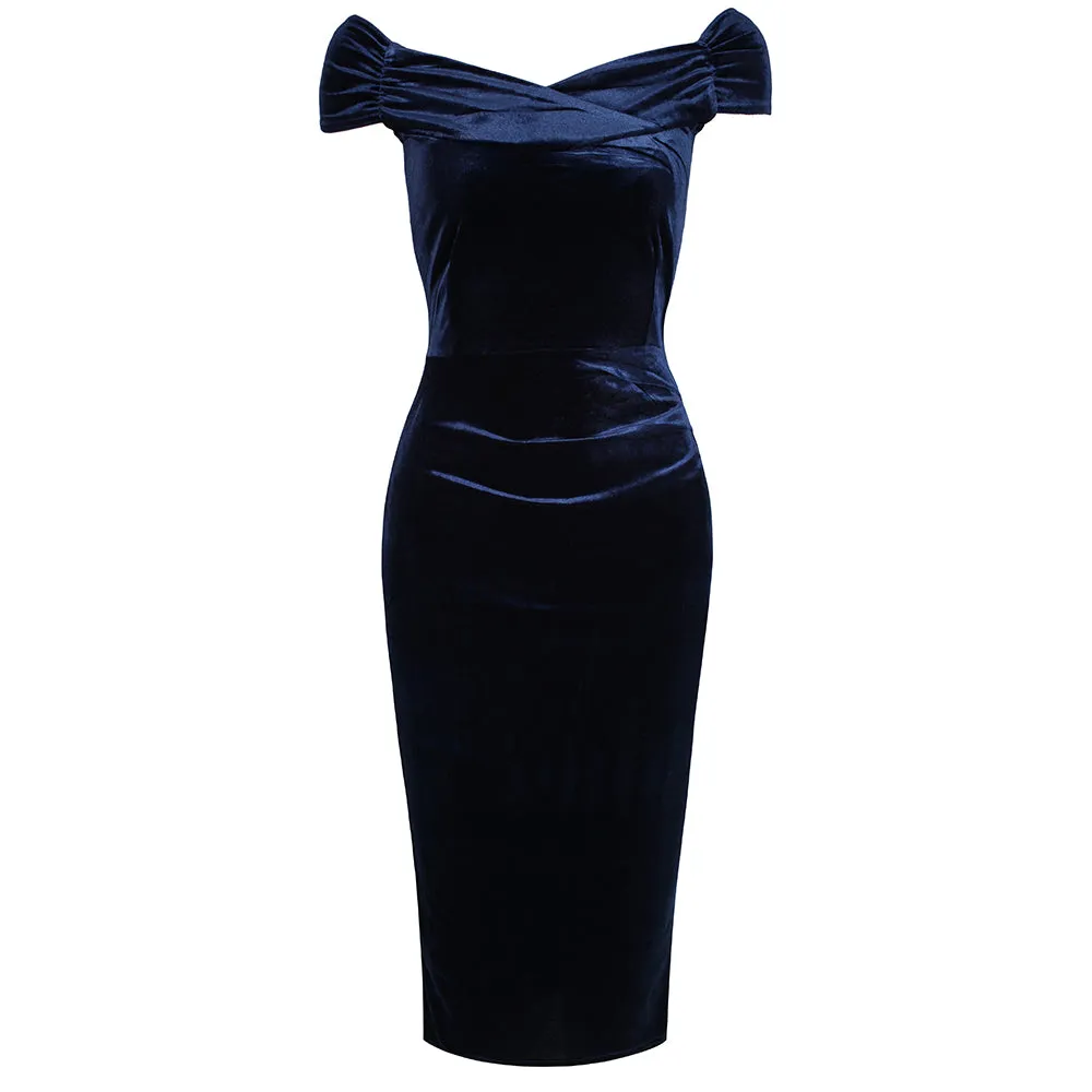 Navy Blue Velour Cap Sleeve Crossover Top Bardot Wiggle Dress