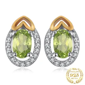 Oval Cut with Gold Heart Design Peridot 925 Sterling Silver Stud Earrings