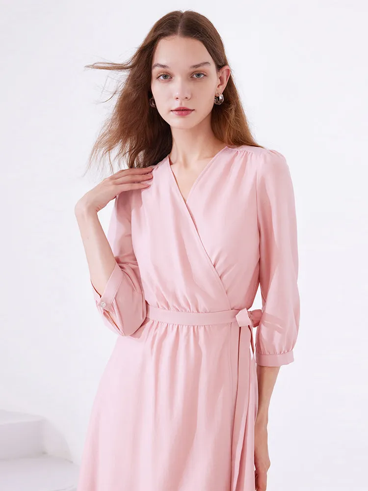 Pink V-Neck Lace Up Wrap Midi Dress